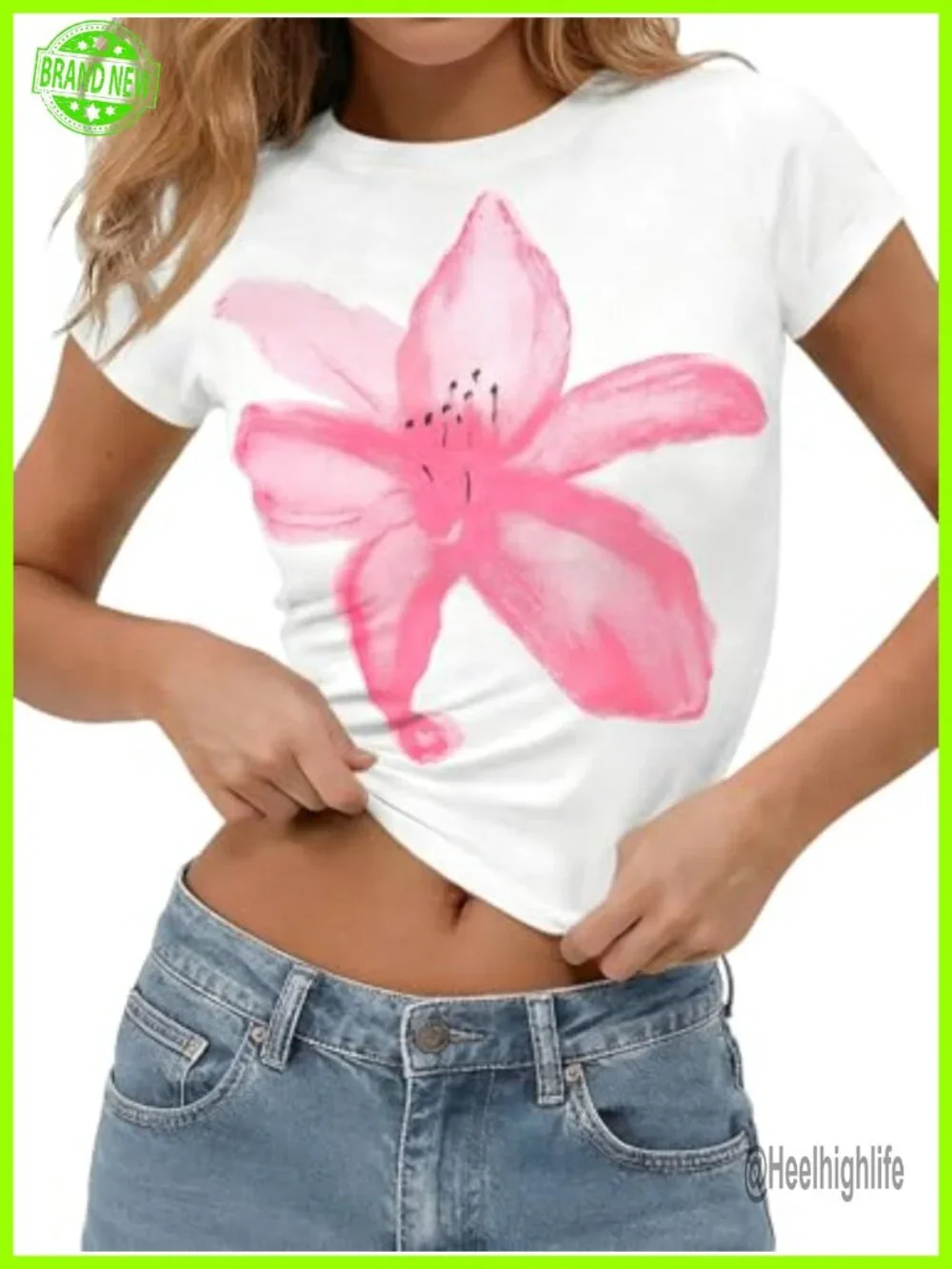 Womens Y2K Floral Graphic Baby Tee Short Sleeve Crop Top Slim Fit Summer